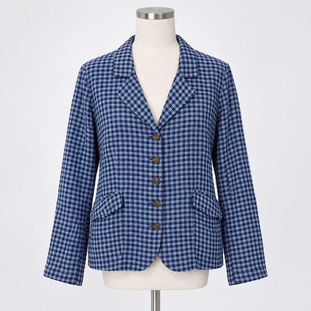 Sundance Womens Ziri Blue Gingham 100% Linen Lightweight Blazer Jacket RN 106205
